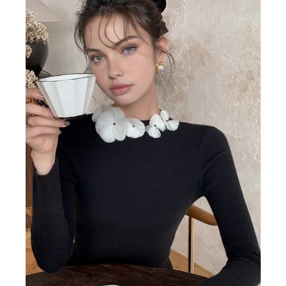 Commense Tops - Commense Black Long Sleeve Top with White Floral Detail
